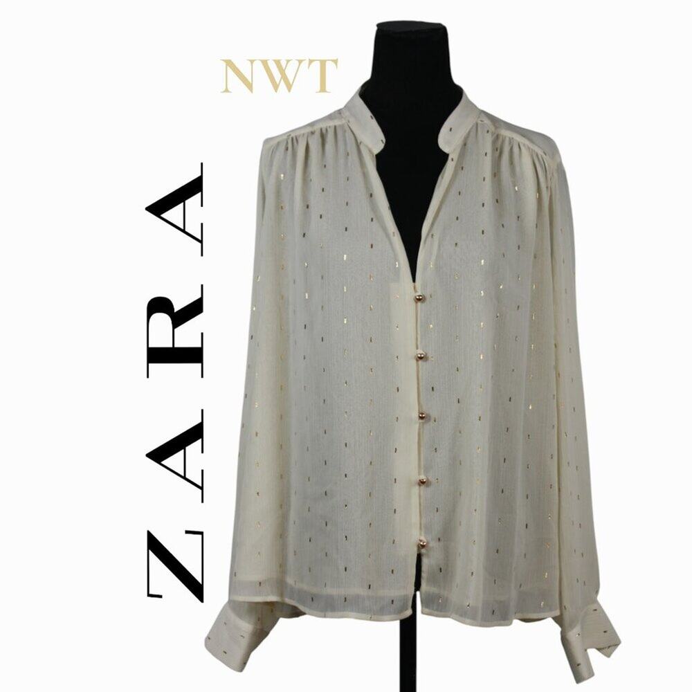 NWT ZARA Sheer Ivory Blouse with Metallic Gold Print Size XL